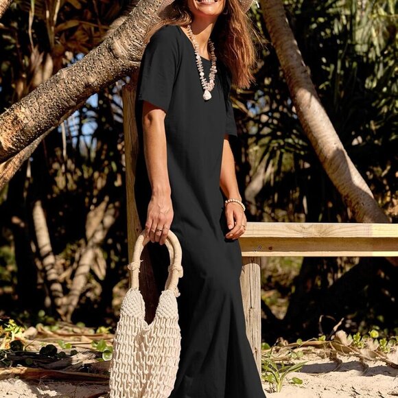 Women's 2025 Summer Maxi Dress Casual Short Sleeve Beach Vacation Crewneck Basic - Picture 7 of 7